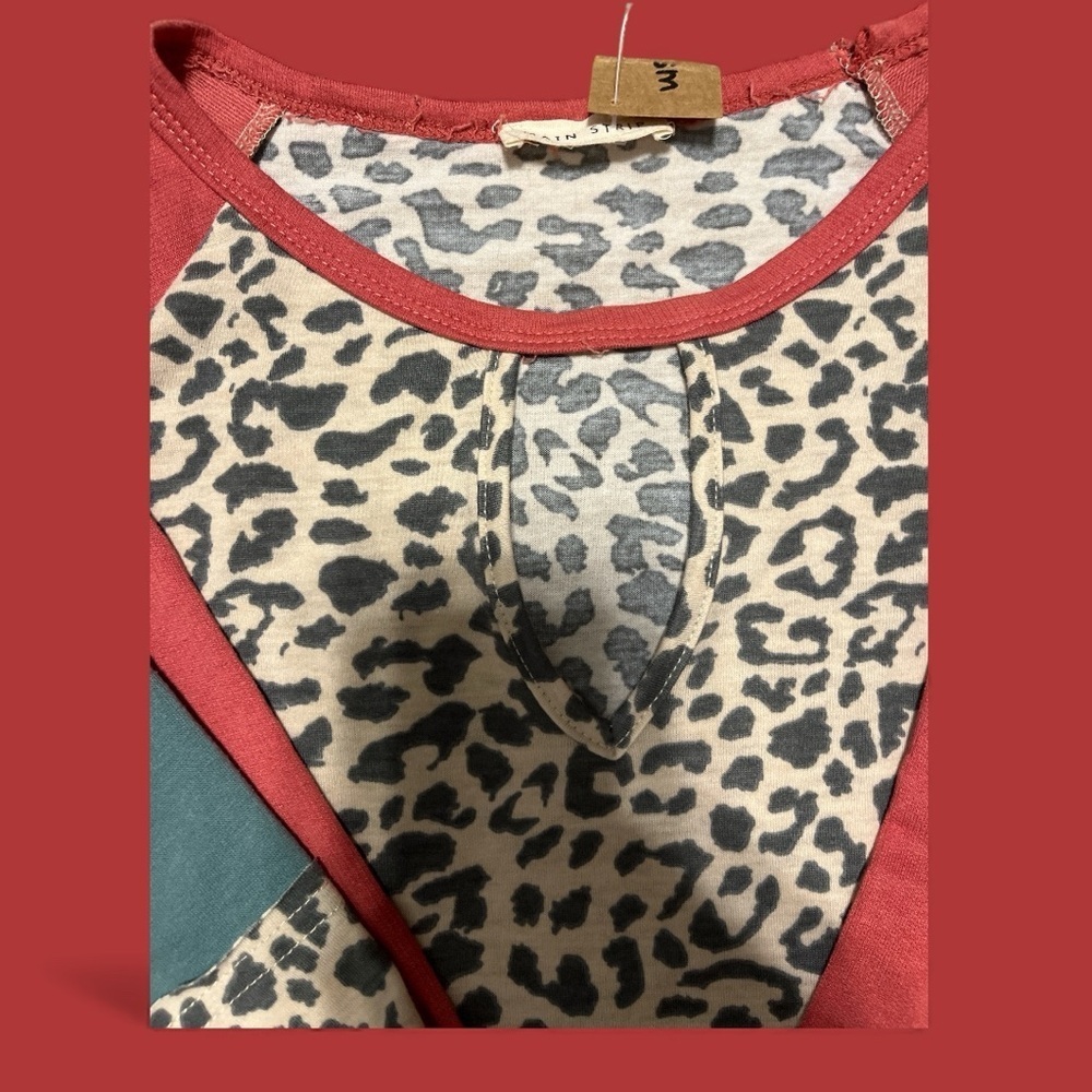 Leopard Print Women’s Top with Red and Teal Accent Long Sleeves - Picture 4 of 5
